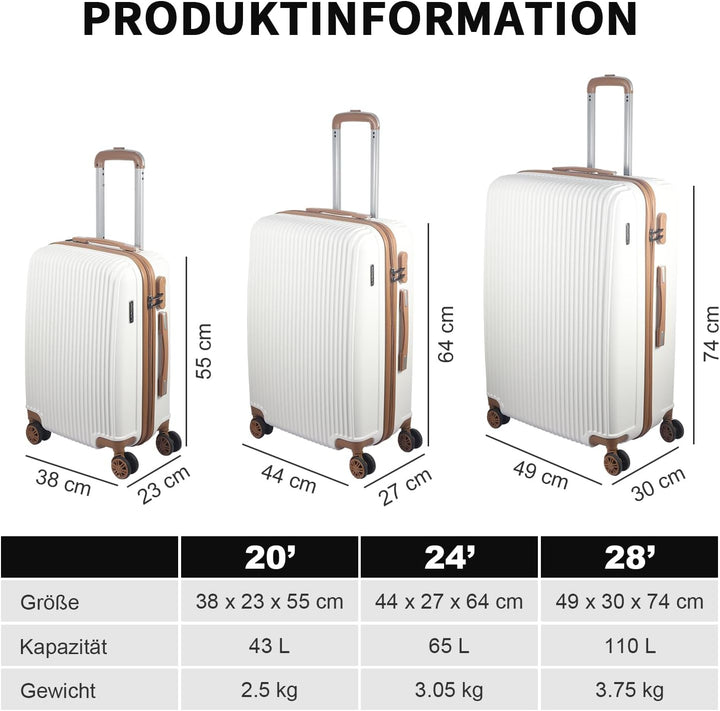 Hartschalenkoffer Set 3 Teilig, Kratzresistente Premium ABS-Hartschale, 55 64 74 cm, 360-Grad-Doppel
