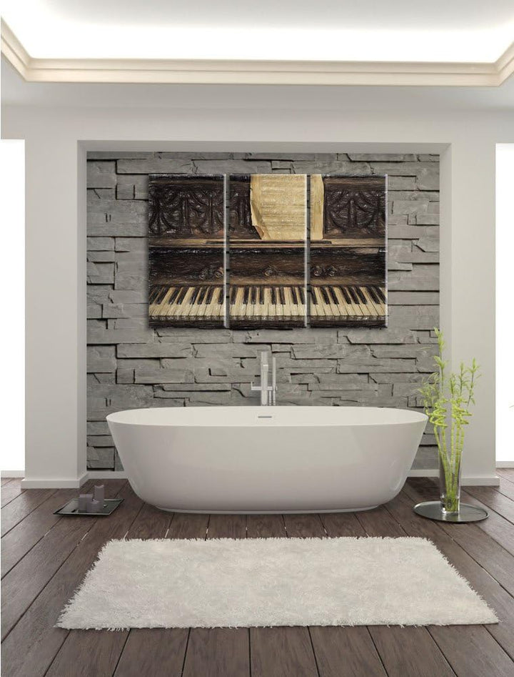 Pixxprint Antikes Klavier mit Notenblatt Bunstift Effekt 3-Teiler Leinwandbild 120x80 Bild auf Leinw