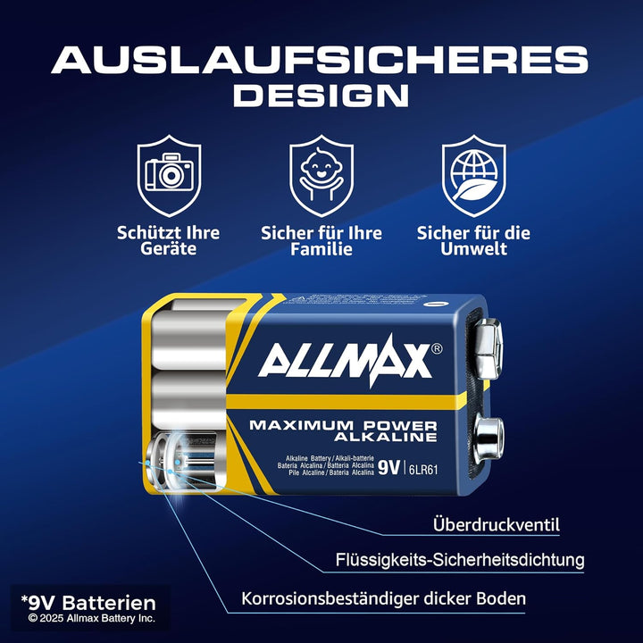 Allmax 9V Block (6LR61) Maximum Power Alkaline-Batterien (48 Stück) - Ultra-langlebig, 7 Jahre Haltb