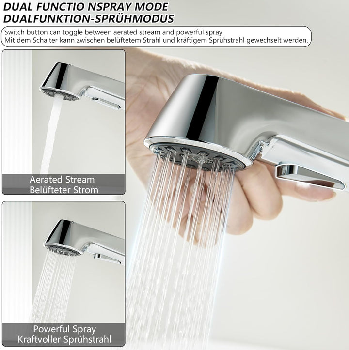 Waschtischarmatur ausziehbar mit Brause, Moderne Wasserhahn Bad Armatur mit 2 Strahlarten, Badarmatu