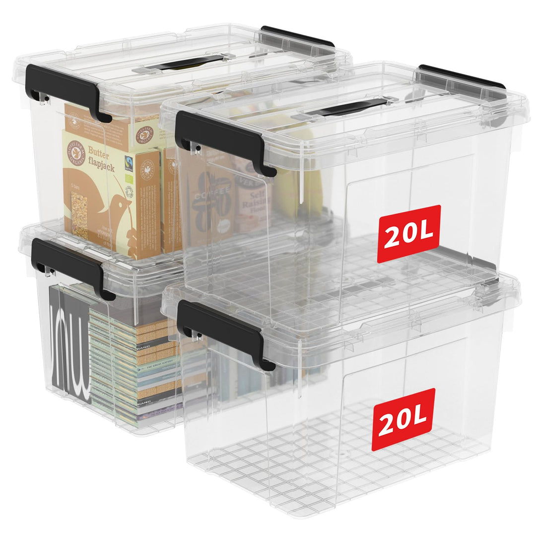 Cetomo,20L,4er-Pack, Aufbewahrungsbox mit deckel,Aufbewahrungsboxen, mit Clips, stapelbar, Wohnzimme