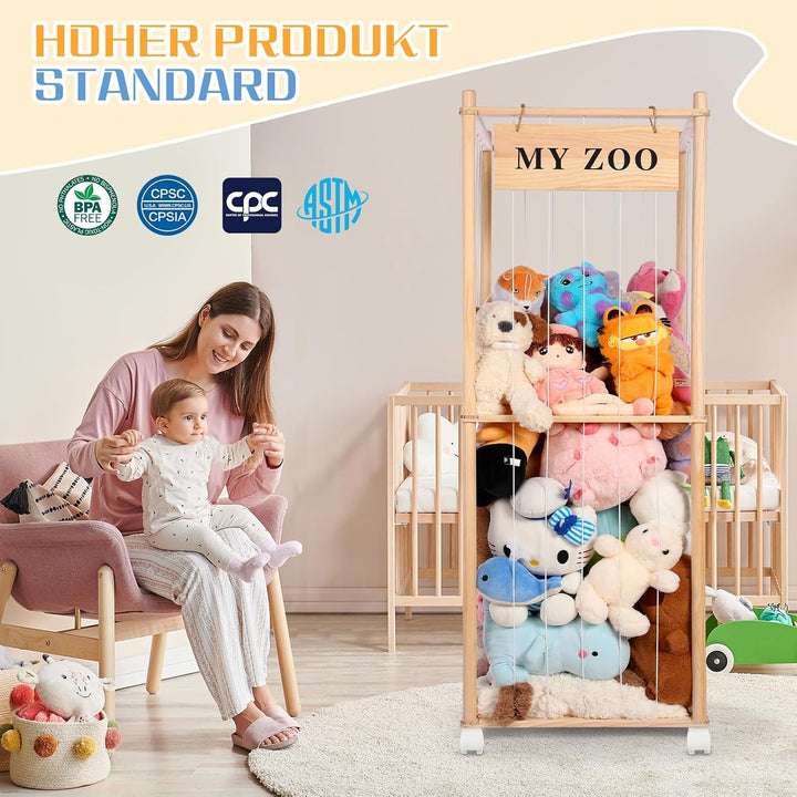 Massivholz Kuscheltier Aufbewahrung mit 360° Rollen &amp; Bremse – inkl. Baumwollnetz, Plüschtier Organi
