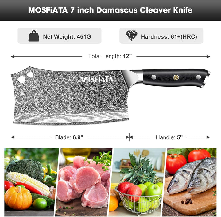 MOSFiATA Damast Hackmesser 7 Zoll, Kochmesser Klassik Chinesches Küchenmesser, Damastmesser Kochmess