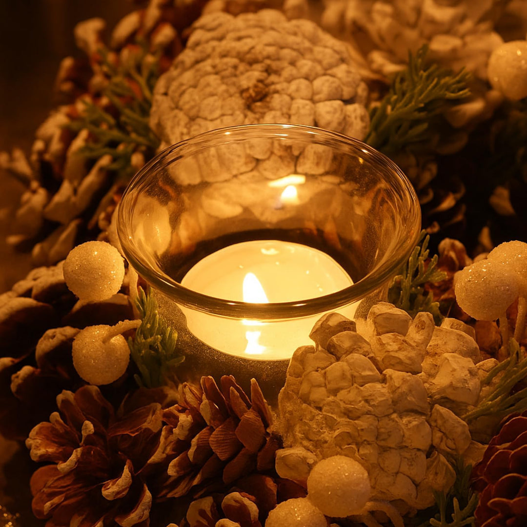 COM-FOUR® Tischkranz für Weihnachten - weisser Adventskranz mit Zapfen - Dekokranz mit 4 Teelichthal