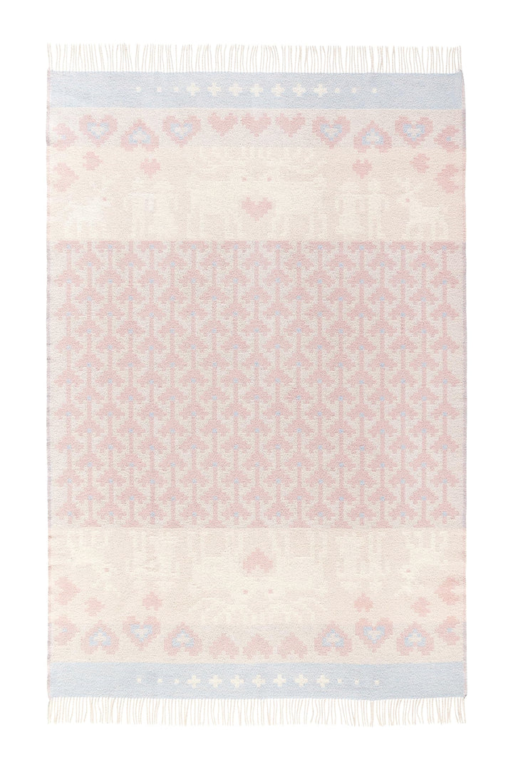 ÖJBRO VANTFABRIK "Fästfolk Elsie & Erik gewebte Wolldecke mit Fransen 130x220 cm rosa/blau 100% Meri