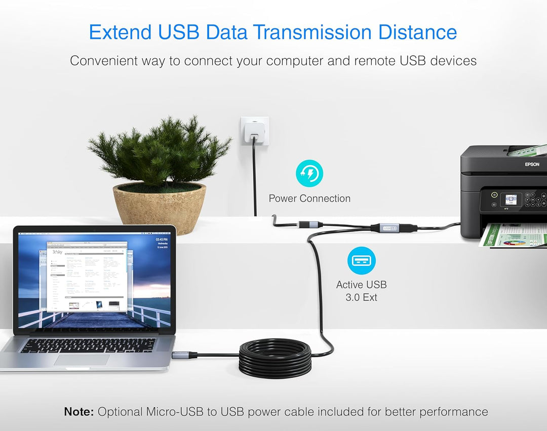 BlueRigger USB 3.0-Verlängerungskabel (90 cm, aktiv, 5 Gbit/s, In-Wall CL3-bewertet, Typ A Stecker a