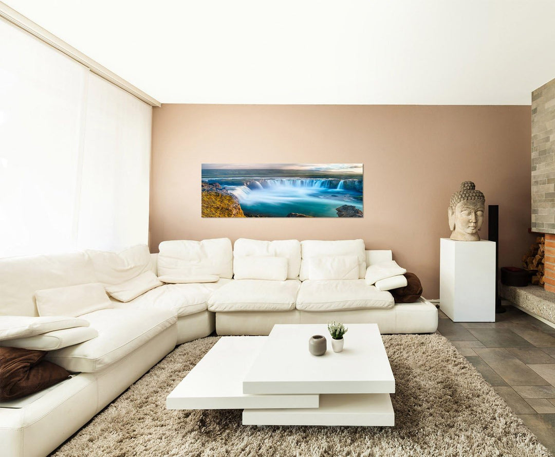 Paul Sinus Art Panoramabild auf Leinwand und Keilrahmen 150x50cm Island Wasserfall Landschaft Natur