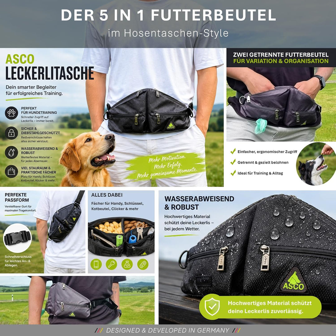 ASCO Leckerlibeutel Duo für Hunde mit 2 Leckerlitaschen, Futterbeutel mit Handyfach und Kotbeutelspe