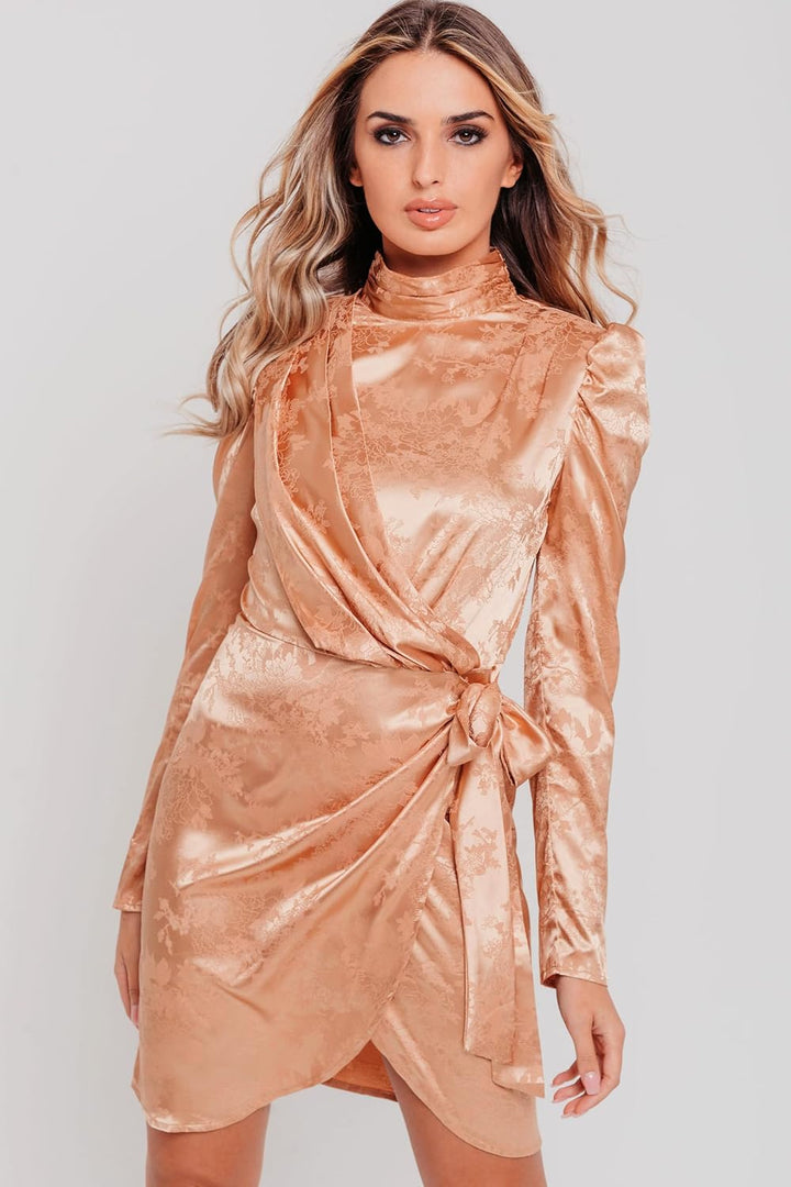 Damen Champagnerfarbenes Jacquard-Satin Wickelkleid Lässiges Abendkleid 34 Champagnerfarben, 34 Cham