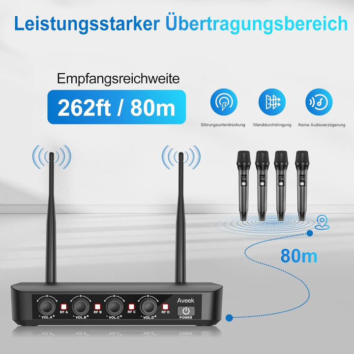 Aveek Kabelloses Mikrofonsystem mit 4er-Pack dynamischen Handmikrofonen, 79,9 m lange Reichweite, 40