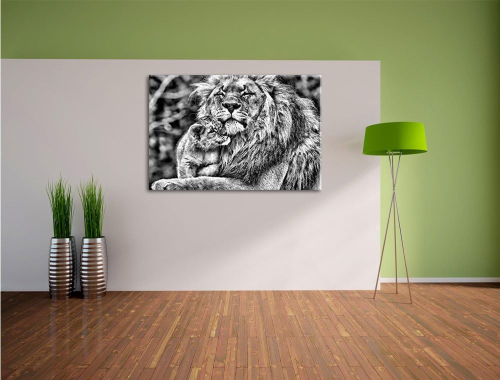 Pixxprint Monocrome, Löwenvater kuschelt mit Jungtier, Format: 100x70 auf Leinwand, XXL riesige Bild