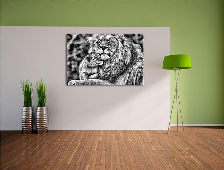 Pixxprint Monocrome, Löwenvater kuschelt mit Jungtier, Format: 100x70 auf Leinwand, XXL riesige Bild