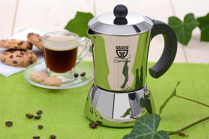 GRÄWE Espressokocher Induktion geeignet, Espressokanne aus Edelstahl für 10 Tassen, Klassischer Espr