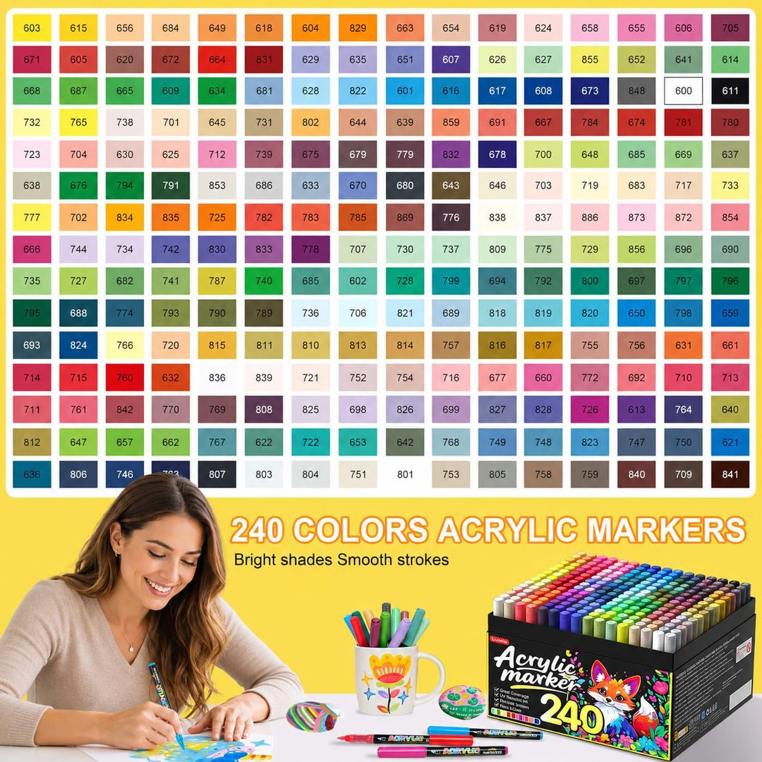 Lyuvie 240 Farben Acrylstifte für Steine WasserfestSet, Permanente Acrylic Paint Brush Marker Acryls
