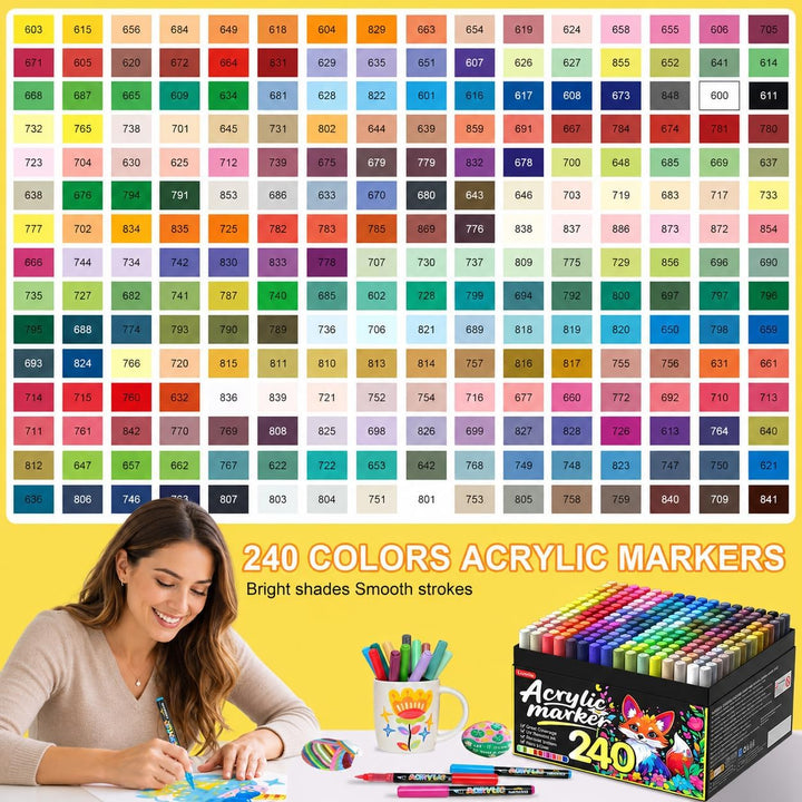 Lyuvie 240 Farben Acrylstifte für Steine WasserfestSet, Permanente Acrylic Paint Brush Marker Acryls