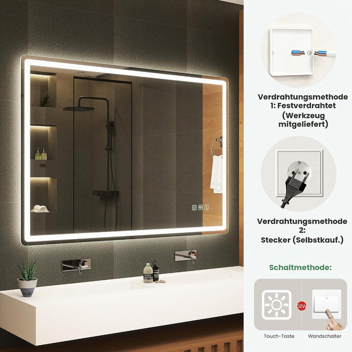 S'bagno Bluetooth-Badspiegel-mit-Beleuchtung-100x70cm, LED-Badezimmerspiegel mit Entfoggen, 3000K-65
