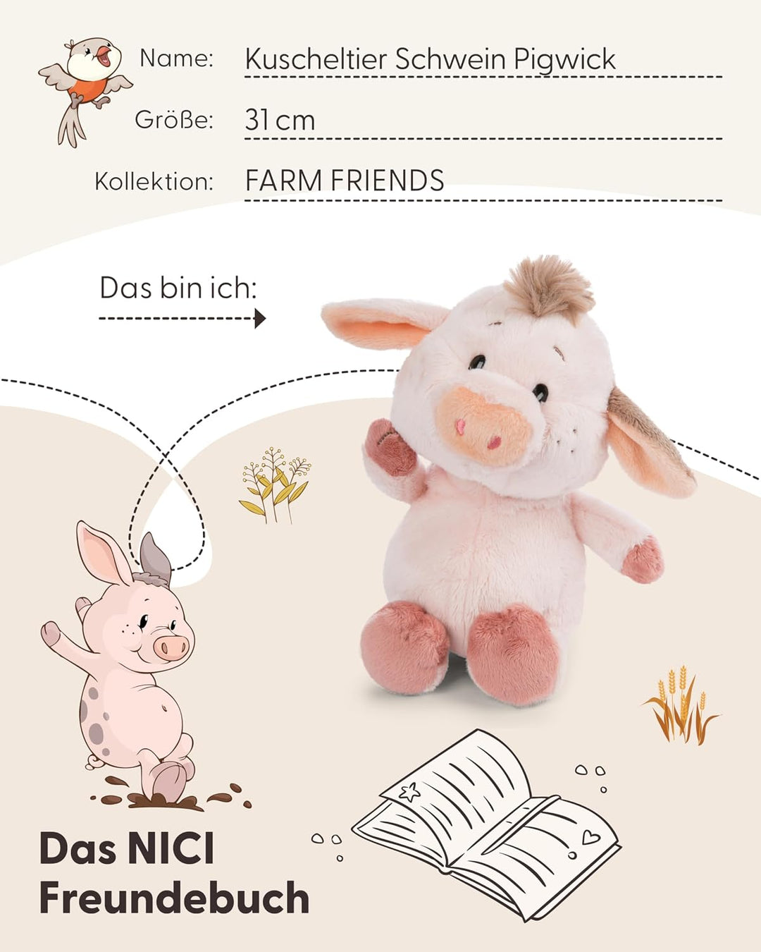 NICI Kuscheltier Schwein Pigwick 31cm - rosa - Weiches Plüschtier – niedliches Stofftier zum Kuschel