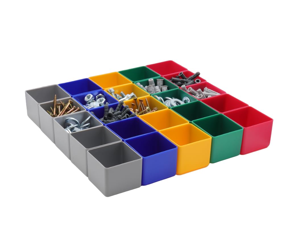 1a-TopStore 25 Stück Einsatzkasten Serie E40, farblich sortiert, 5 Farben u. 4 Grössen, aus Polystyr