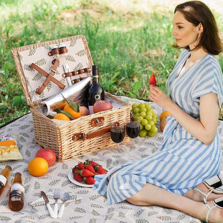 HappyPicnic Picknickkorb-Set für 2 – Weiden-Picknickkorb mit wasserdichter Decke & isoliertem Innenf