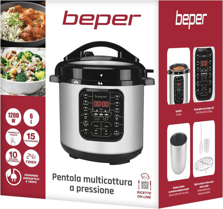 BEPER P101COS001 Multikocher, Elektrischer Schnellkochtopf, Dampfkochtopf 6 Liter- Elektrischer Schn