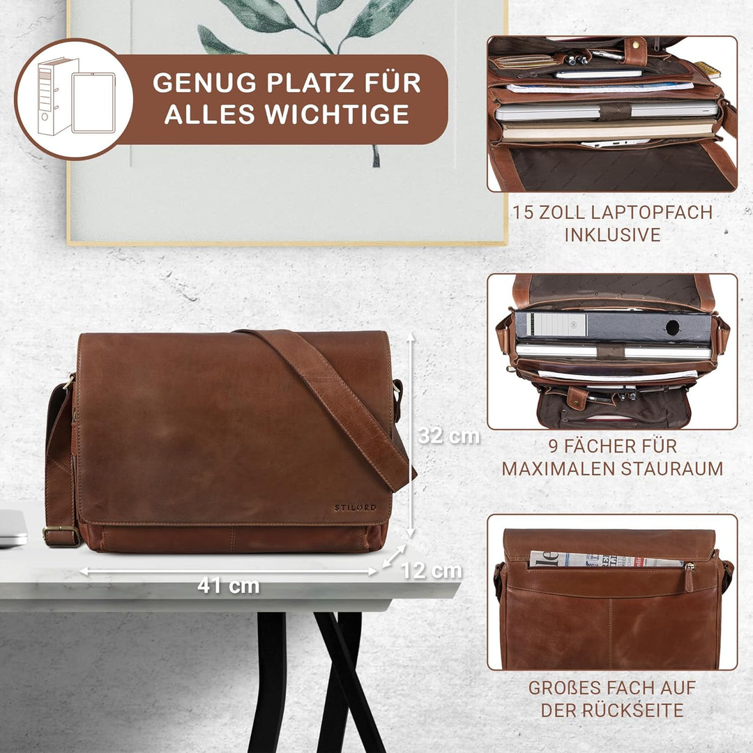 STILORD 'Tom' Vintage Leder Umhängetasche für Studium Uni Büro Arbeit 15 Zoll Laptoptasche DIN A4 Sc