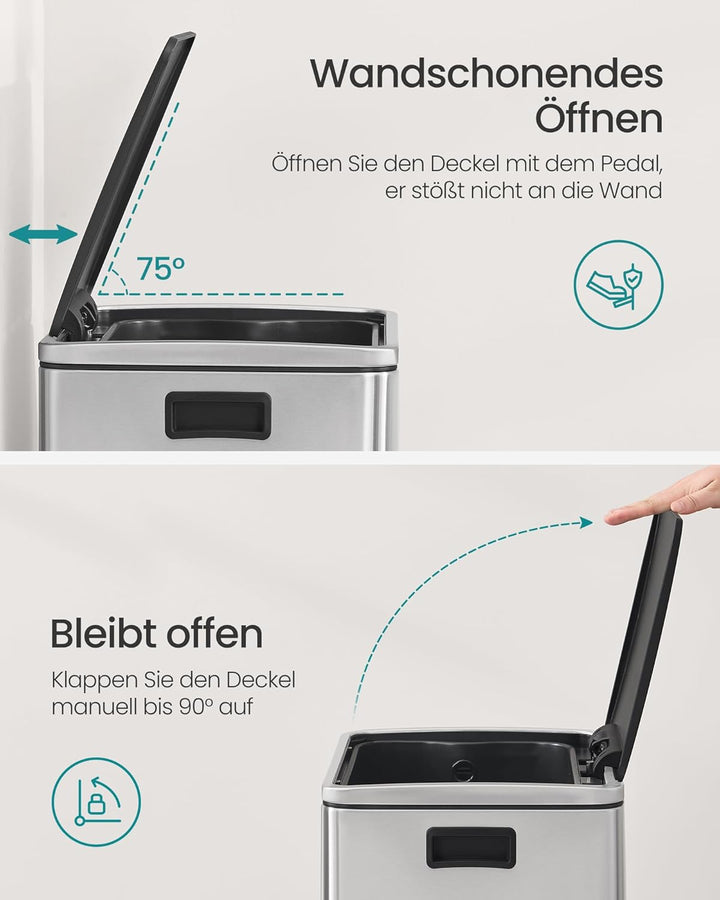 SONGMICS Mülleimer 50 L, 15 Müllsäcke, Edelstahl, herausnehmbarer Inneneimer aus Kunststoff, mit Dec
