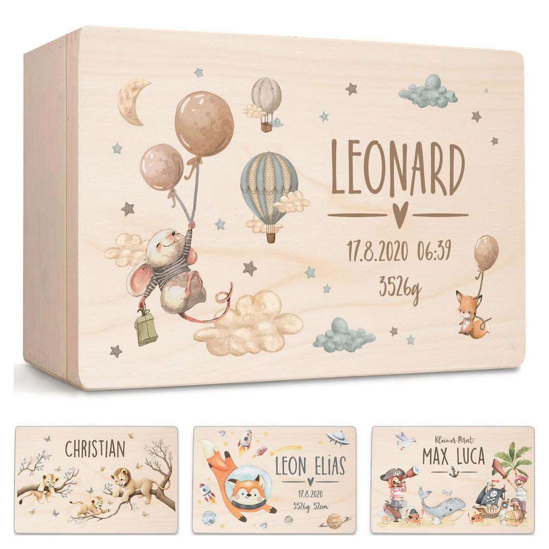 Little Deco Erinnerungskiste Baby personalisiert Maus mit Ballon | 40 x 30 x 22 cm | Erinnerungsbox