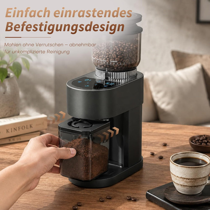 Elektrische Kaffeemühle, 60 Mahlgrade, 48 mm Kegelmahlwerk, Kaffeebohnenmühle mit Siebträgerhalterun