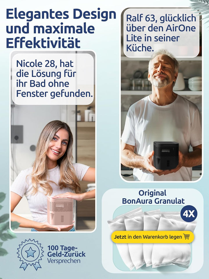 BonAura® AirOne Lite Luftentfeuchter ohne Strom mit 360° Belüftung I Raumentfeuchter mit Ausgiesser