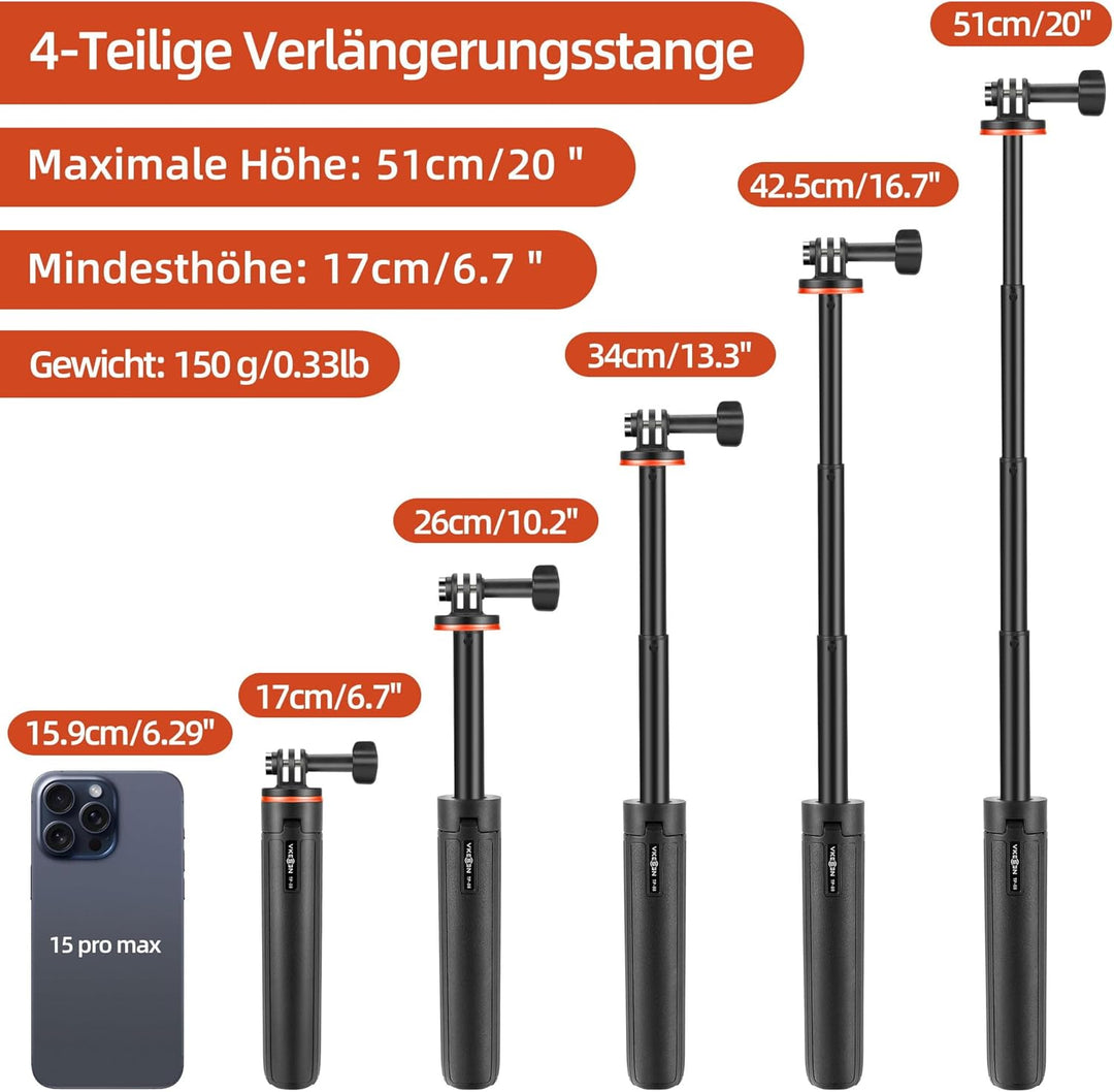 Vkesen Mini Stativ mit Teleskop Pole für Action Cam, Stativ Halterung für Action Camera, Reise Selfi