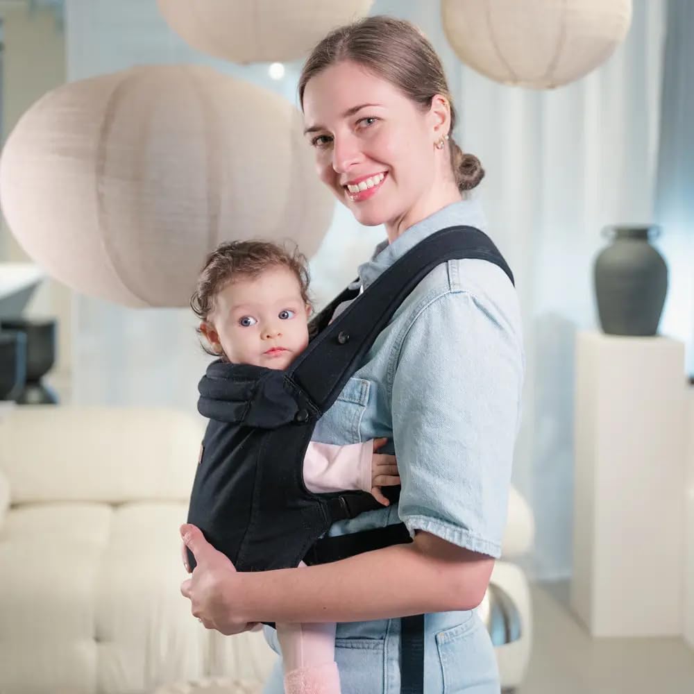LIINI® Babytrage aus Baumwolle (Schwarz) – ab Geburt (3,5 kg) bis 15 kg, verstellbare Träger, Kopfst