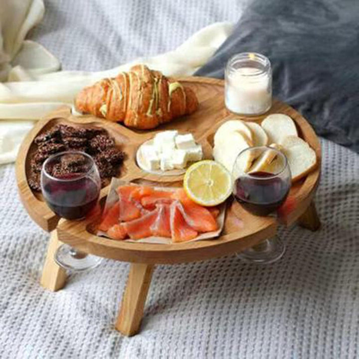 ZYLLZY Zusammenklappbarer Picknicktisch aus Holz für den Aussenbereich mit Rotweinglashalter, tragba