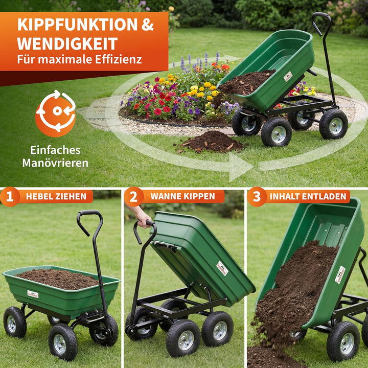 GARDEBRUK® Bollerwagen mit Kippfunktion 300kg Belastbar 4 Profil Gelände Räder Luftbereift Lenkachse