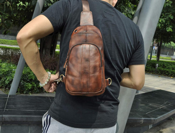 Le'aokuu Herren Echtes Leder Brusttasche Crossbody Bag Sling Bag Schultertasche Gurteltasche Umhänge