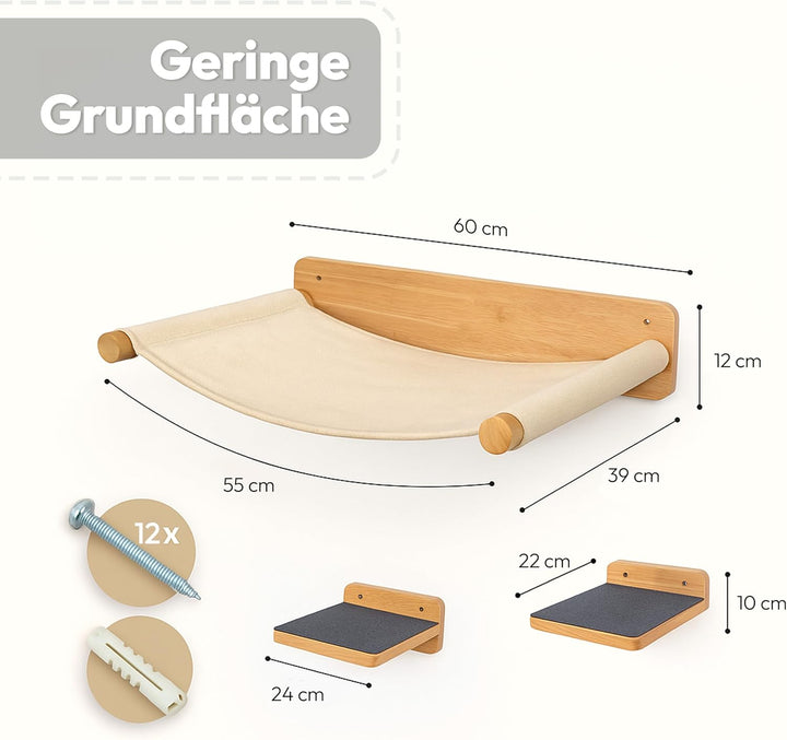 Katzen Wand-Hängematten Set – 2 Hängematten & 3 Plattformen aus Massivholz & Sisal Modularer Katzen