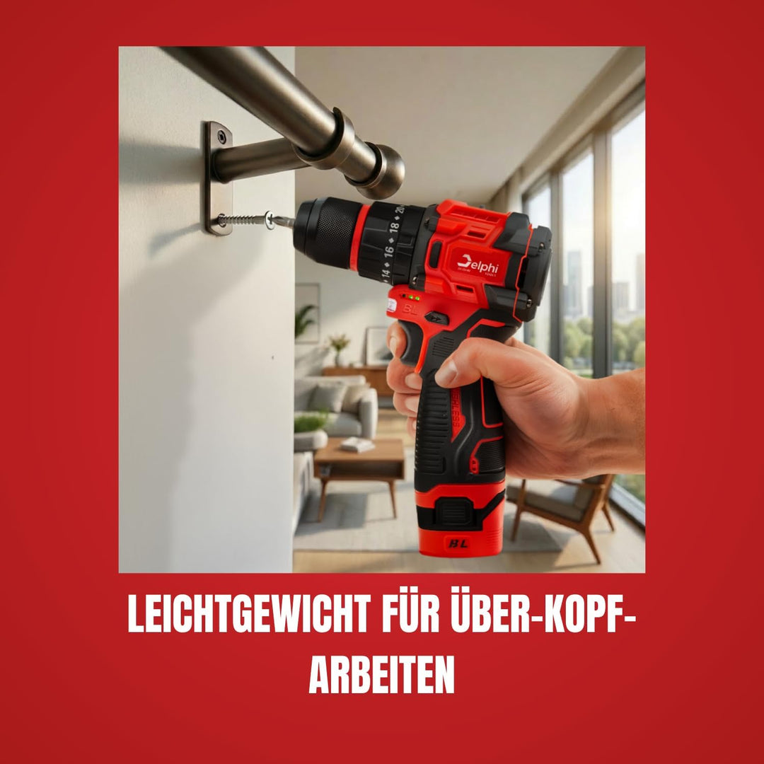 Delphi Akkuschrauber 16,8V bürstenlos mit 2x 1500mAh Akku und Led Arbeitslicht, 50Nm Drehmoment, 24