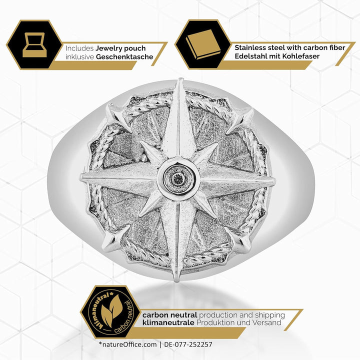 Akitsune Guidance Ring | Kompass Karte Nord Nautisch Ring Herren Edelstahl Designer Antik-Silber 57