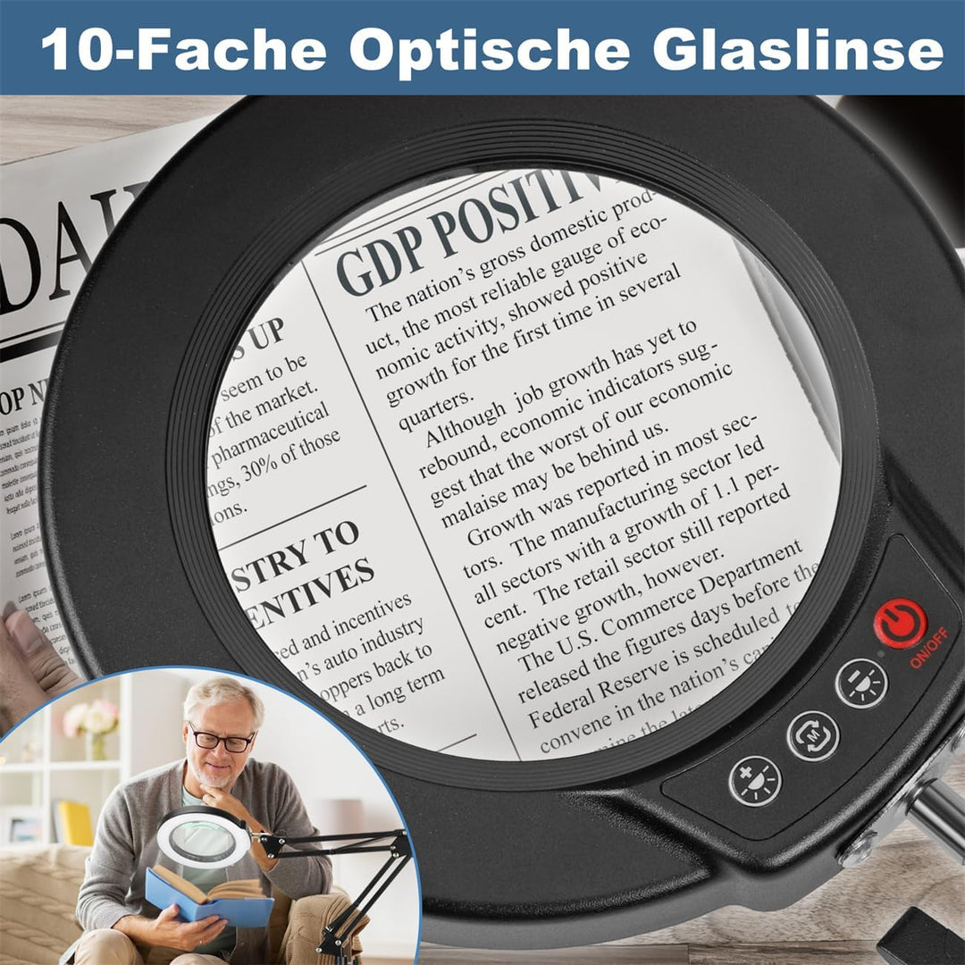 10X Stehlampe Lupe mit Licht und Ständer, 3-in-1 Flexible Schwenkarm Boden LED Lupenleuchte, 5 Farbm