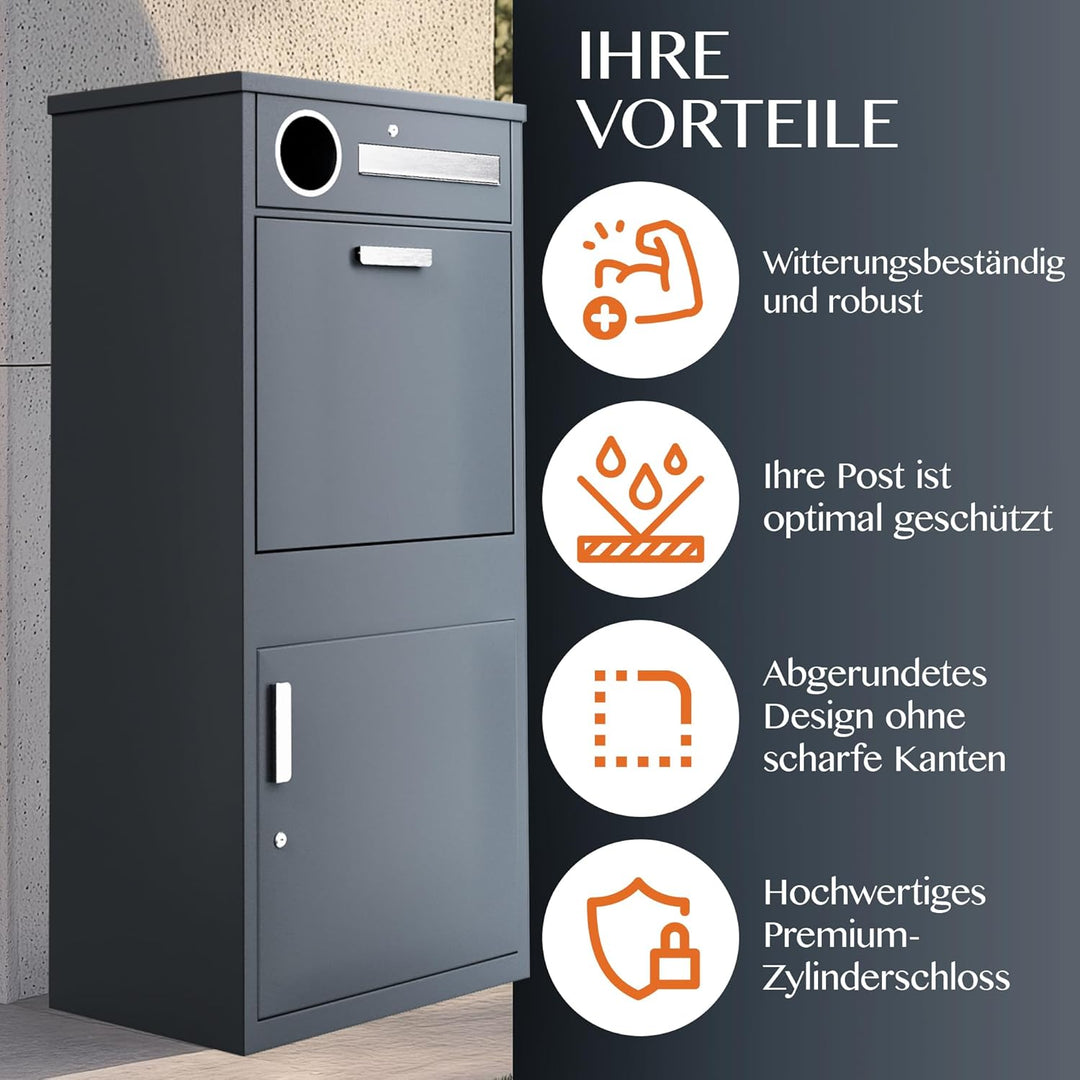 Paketbox mit Zeitungsfach - Paketbriefkasten Witterungsbeständig, Briefkasten mit Paketfach Anthrazi