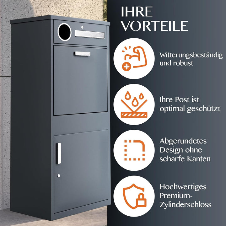 Paketbox mit Zeitungsfach - Paketbriefkasten Witterungsbeständig, Briefkasten mit Paketfach Anthrazi