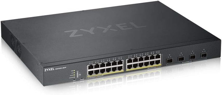 Zyxel Gigabit Ethernet Smart-Managed PoE+ Switch mit 24 Ports, einem Budget von 375 Watt und vier 10