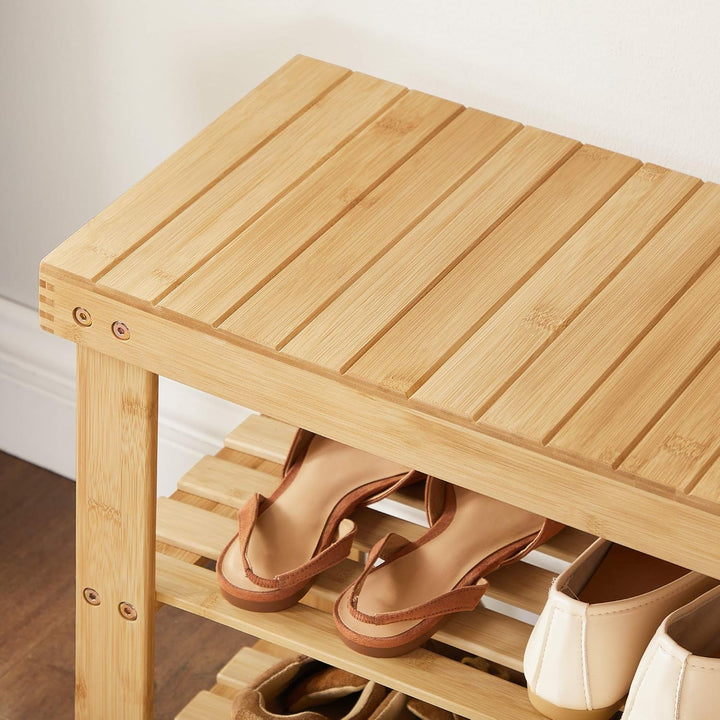 SONGMICS Schuhregal, Schuhschrank mit Sitzbank, Bambus Schuhbank mit 3 Ablagen, 70 x 28 x 45 cm idea