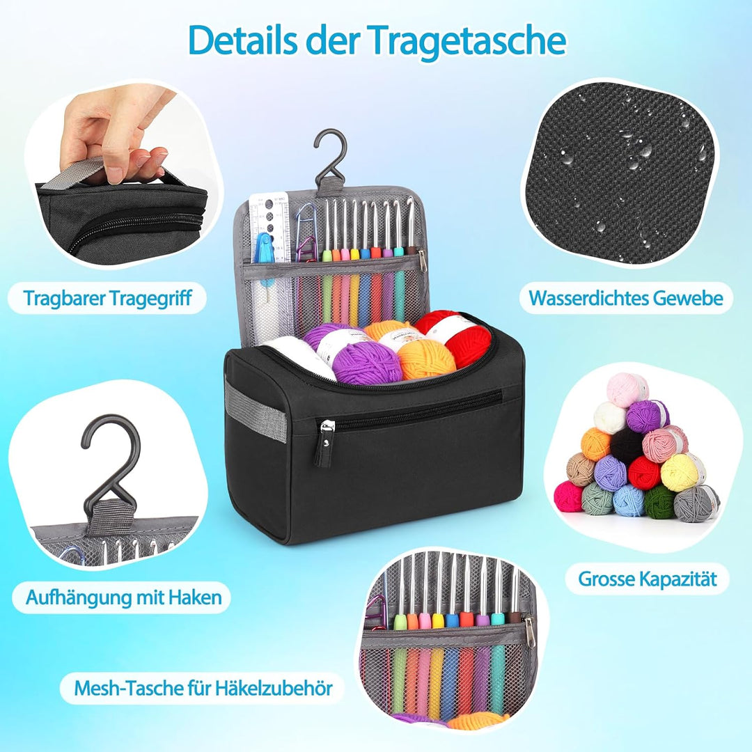Coopay Tragbar Häkelset für Anfänger, Häkelnadel Set mit 15 Wolle, Tasche, Häkelzubehör, Ergonomisch