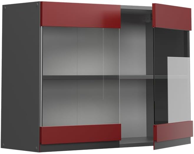 Vicco Küchenschrank Glas R-Line, Rot/Anthrazit, 80 cm J-Shape Rot Hängeglasschrank 80 cm, Rot Hängeg