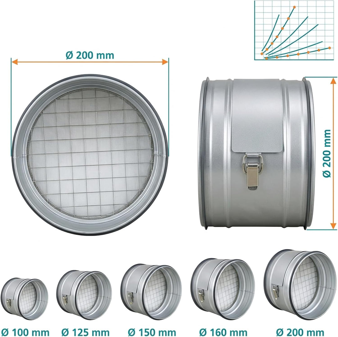 Easy Act Grobstaubfilter rund Ø 200 mm für Zuluft, Rohrfilter aus verzinktem Stahl zur Grobpartikel-
