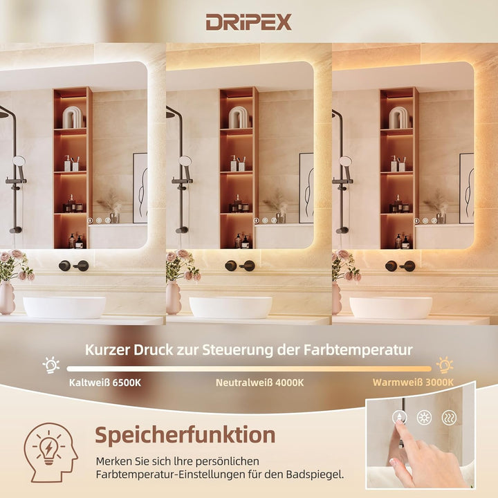 Badezimmerspiegel Led Badspiegel, Rechteckig, Touch-Schalter, Dimmbar, 3 Lichtfarbe Einstellbare Spi