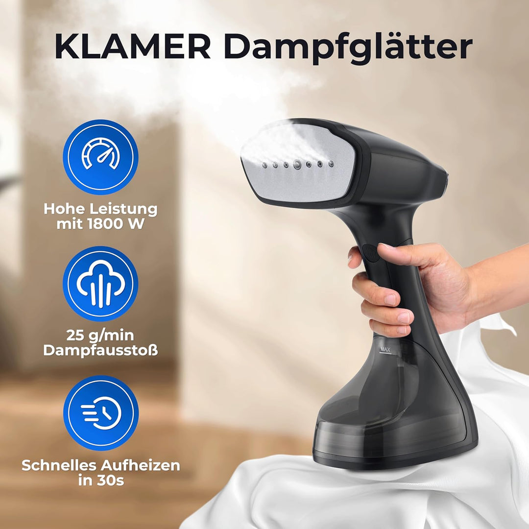 KLAMER Dampfglätter, 280 ml Wassertank, Dampfleistung 25g/min, 1800W, 2 Aufsätze geeignet für alle S
