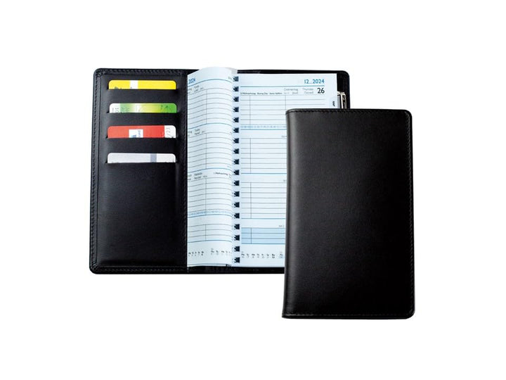 DELMON VARONE - Personalisierbarer Taschenkalender 2024 Boxcalf Leder schwarz - Organizer Terminplan