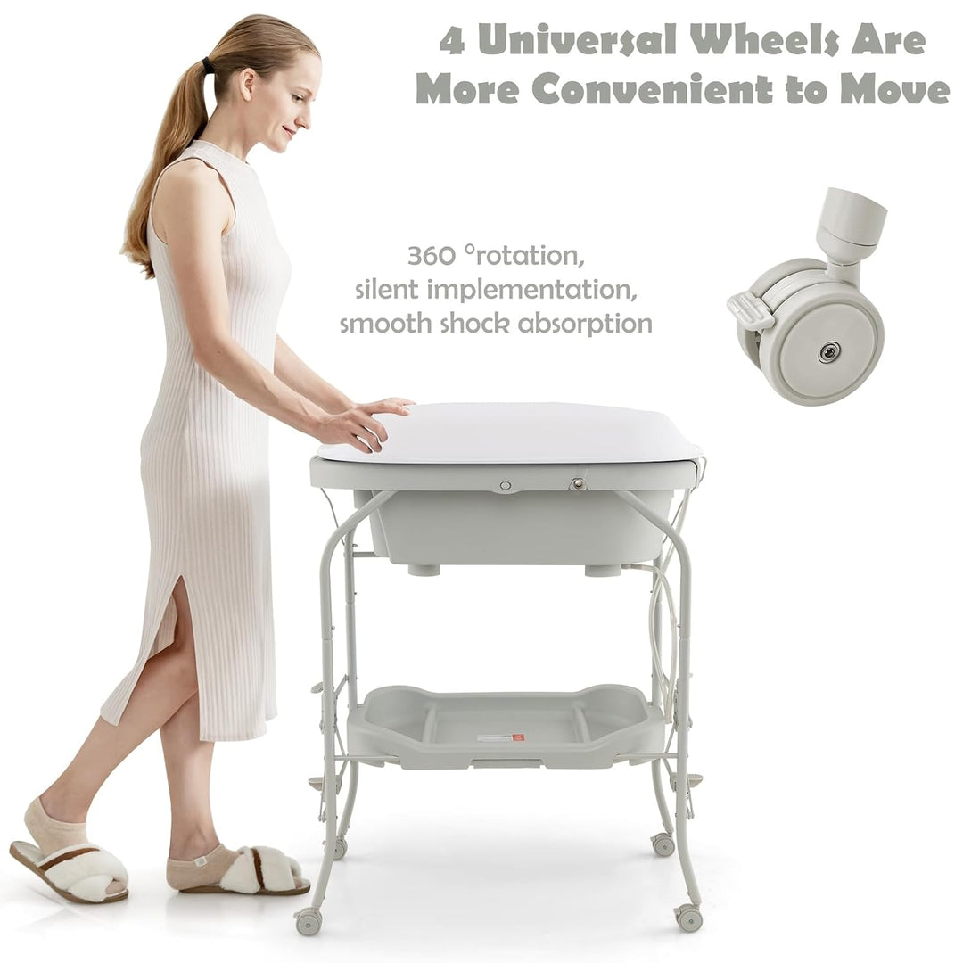 LIFEZEAL Wickeltisch mit Badewanne, 2 in 1 Flatbare Bade-Wickelkombination auf Räder, Badewannenaufs