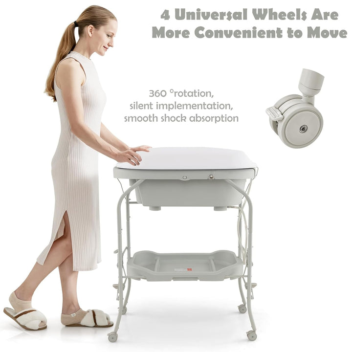 LIFEZEAL Wickeltisch mit Badewanne, 2 in 1 Flatbare Bade-Wickelkombination auf Räder, Badewannenaufs